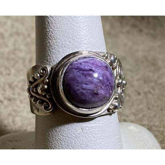 Sterling Silver & Charoite Oval Hi-Dome Stone Ring By Sajen Jewelry Bali Sz. 9 1 - Picture 1 of 10